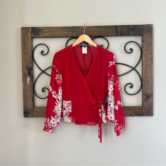 Rampage Y2K Sheer Bell Long Sleeve Floral Wrap Fairycore Coquette Blouse Size M - Picture 3 of 12